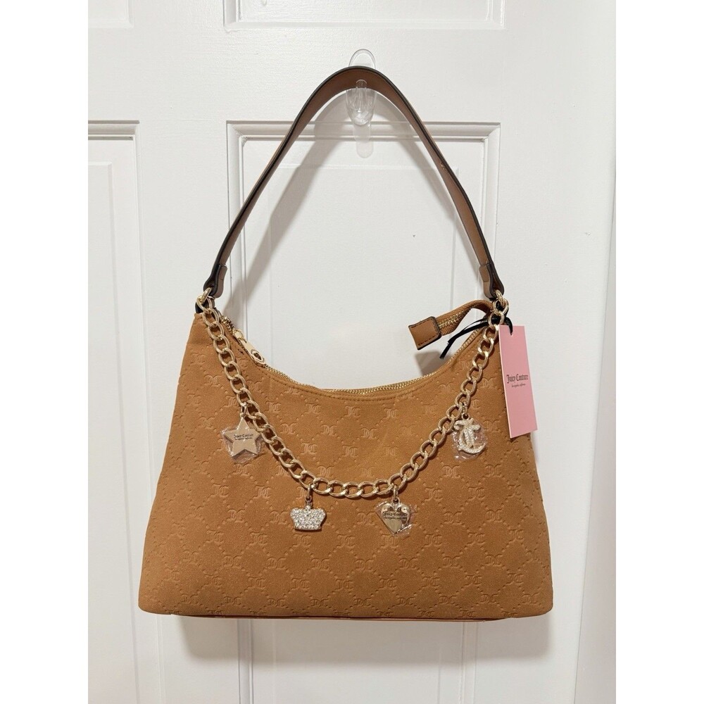 NWT Juicy Couture Not Your Babe Brown Logo Hobo Shoulder Bag Zip Gold Charm